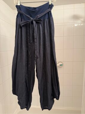 High-Waist Navy Wide-Leg Tie-Waist Harem Pants